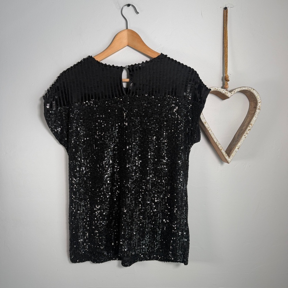Cable & Gauge Sequined Cap Sleeve Glam Indie Festive Top SMALL Jet Black - Picture 6 of 11
